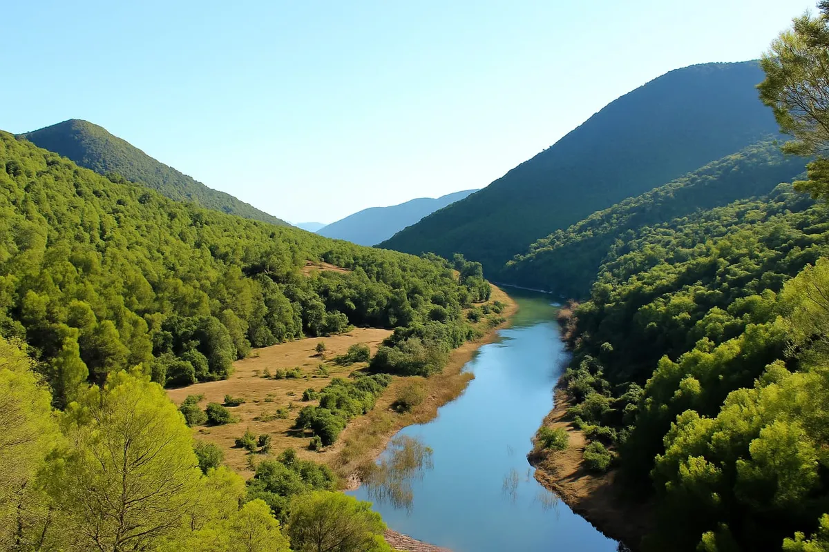 Vista panorámica del río Guadalquivir rodeado de montañas y pinares en la Sierra de las Villas, Mogón, Jaén.